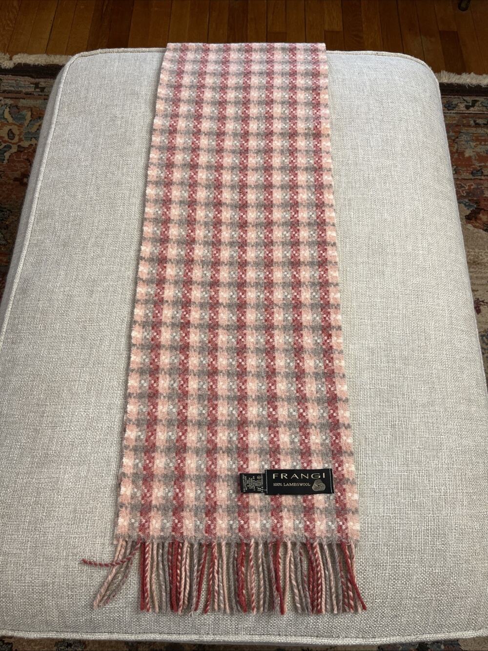 Vintage FRANGI Scarf 100% LAMBSWOOL Made In England Pink Plaid Fringe 10X60